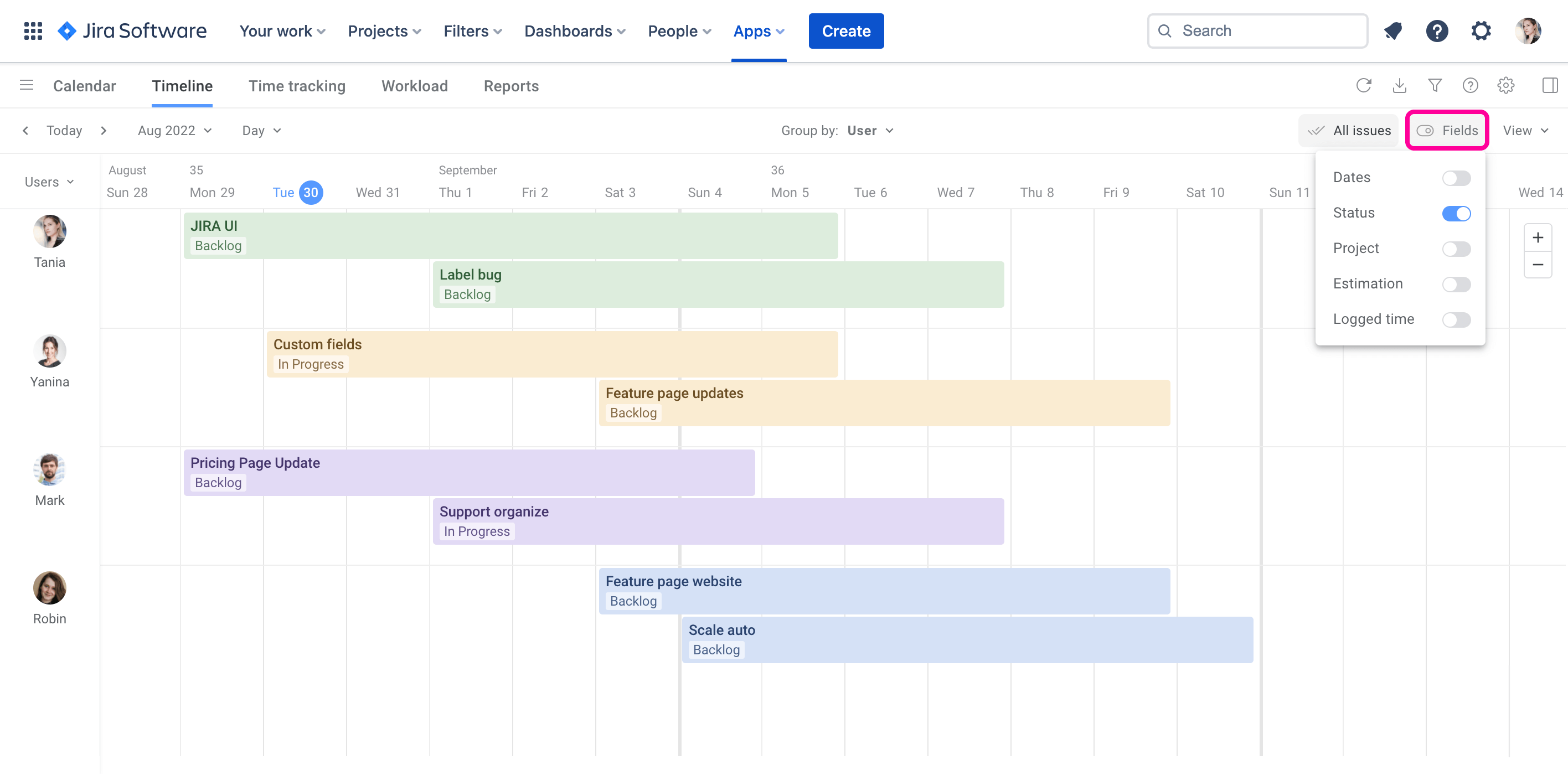 Planyway for Jira Guide Timeline View Card Fields