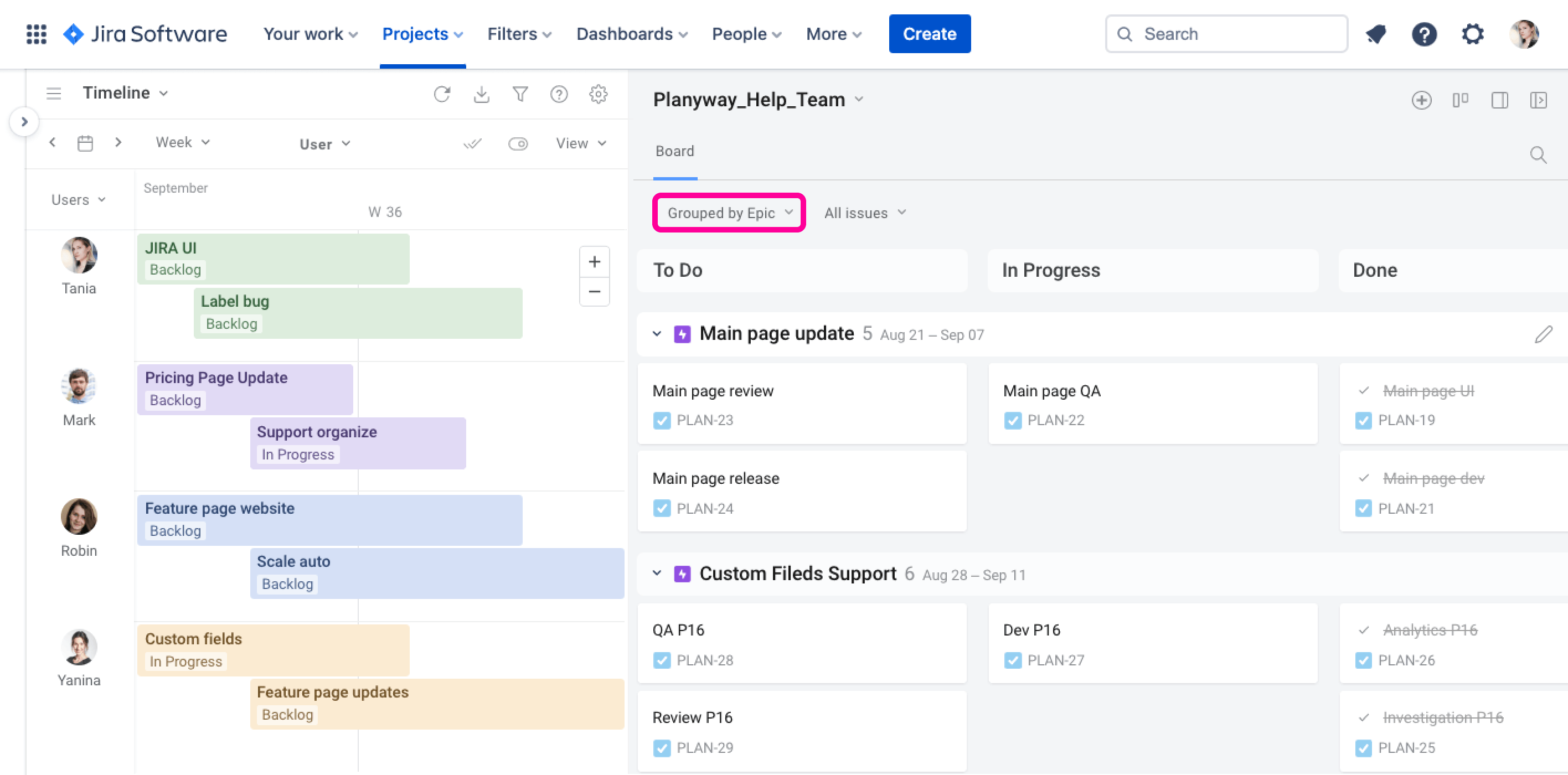 Planyway for Jira Guide Task Panel Group By Epic