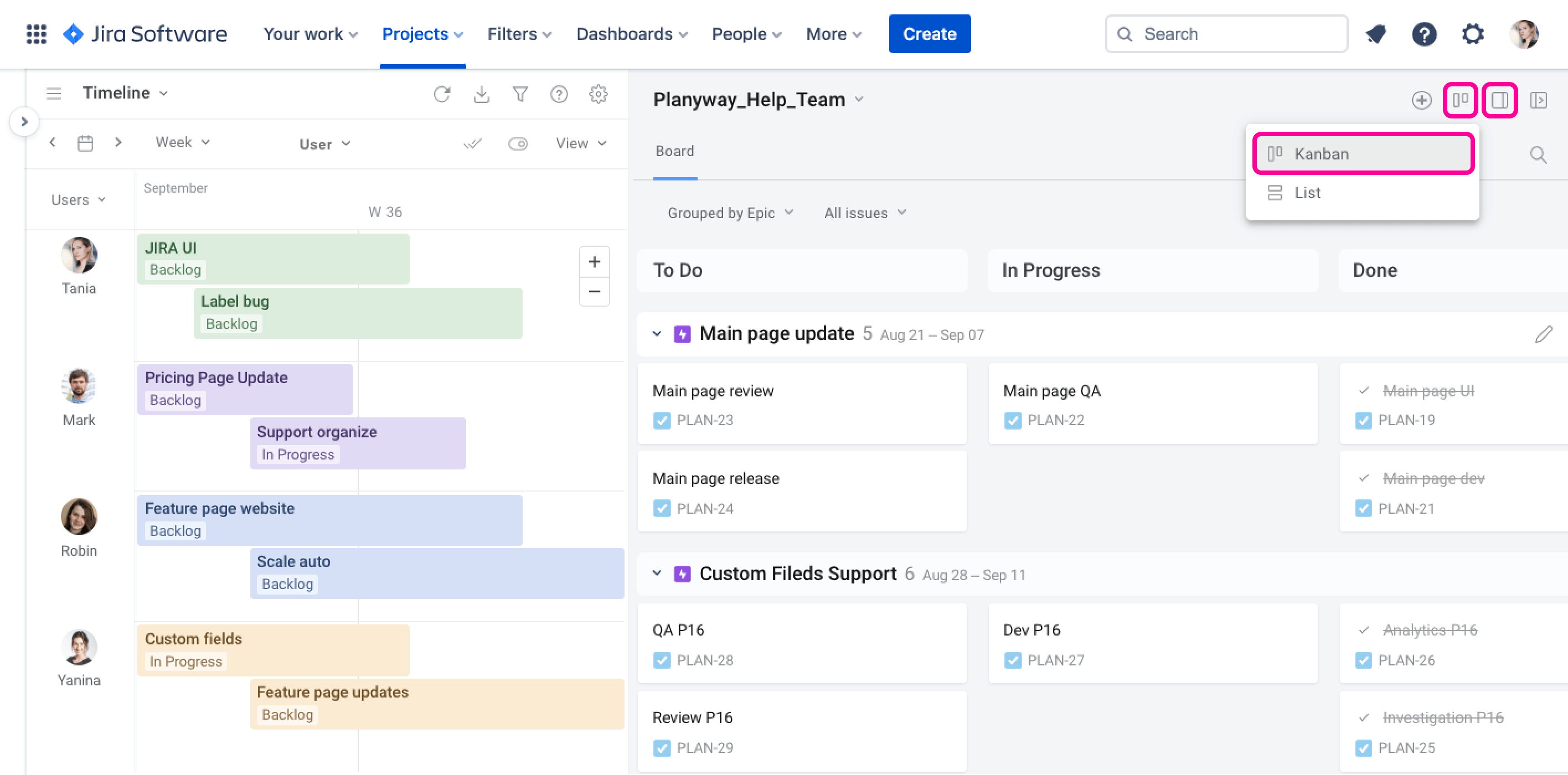 Planyway for Jira Guide Task Panel View Options
