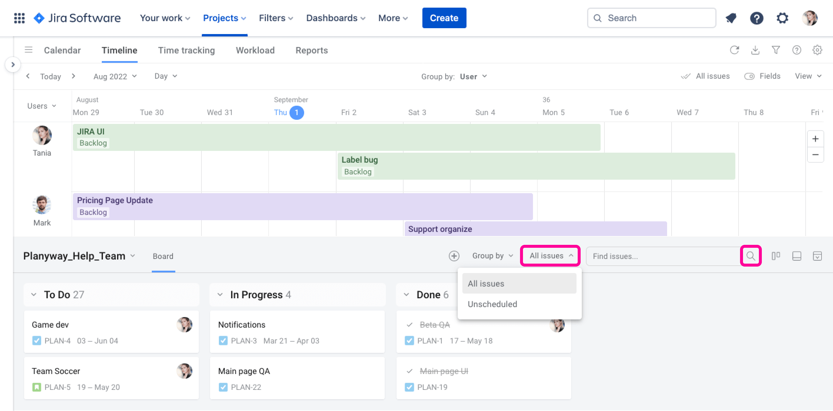 Planyway for Jira Guide Unscheduled Tasks