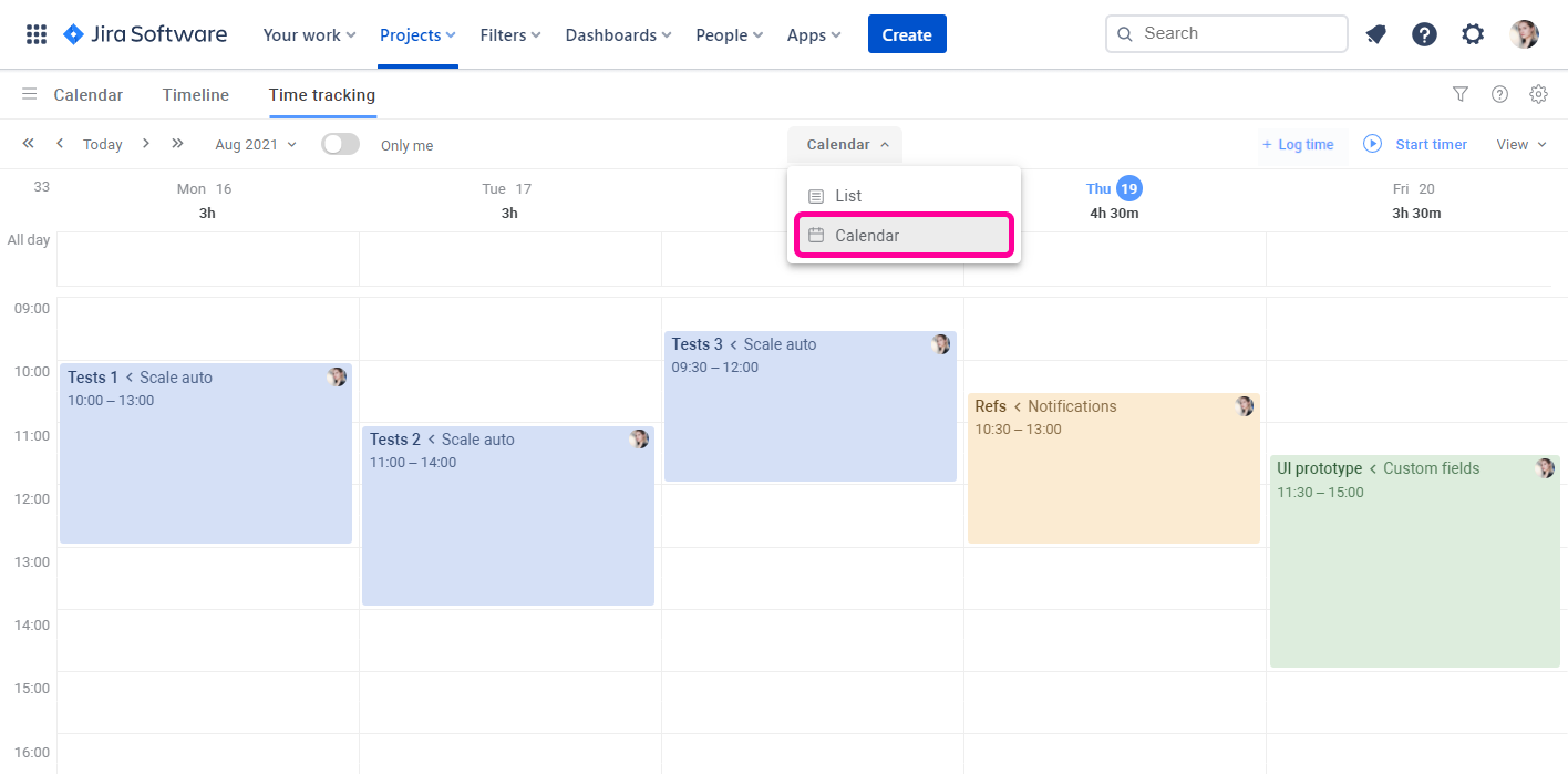 Planyway time tracking for Jira Calendar View
