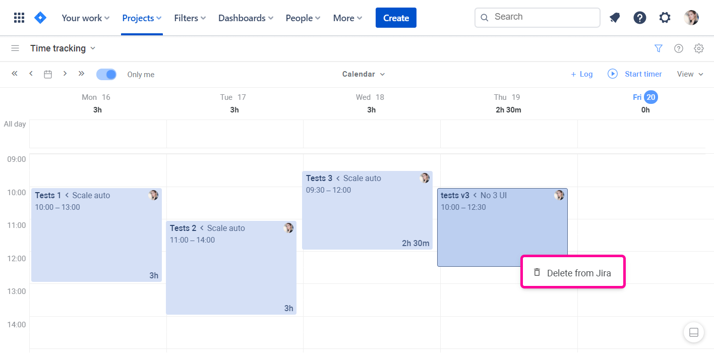 Planyway time tracking for Jira delete in Calendar