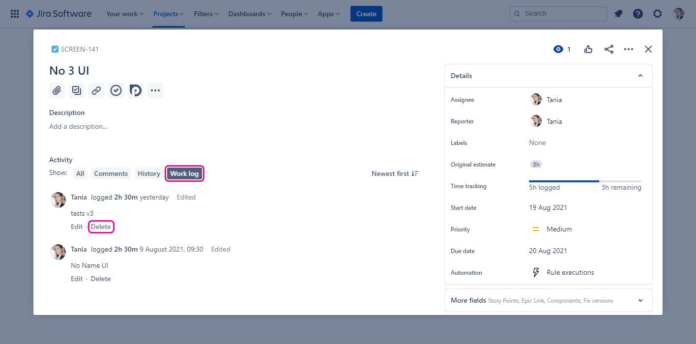 Planyway time tracking for Jira delete in Worklog