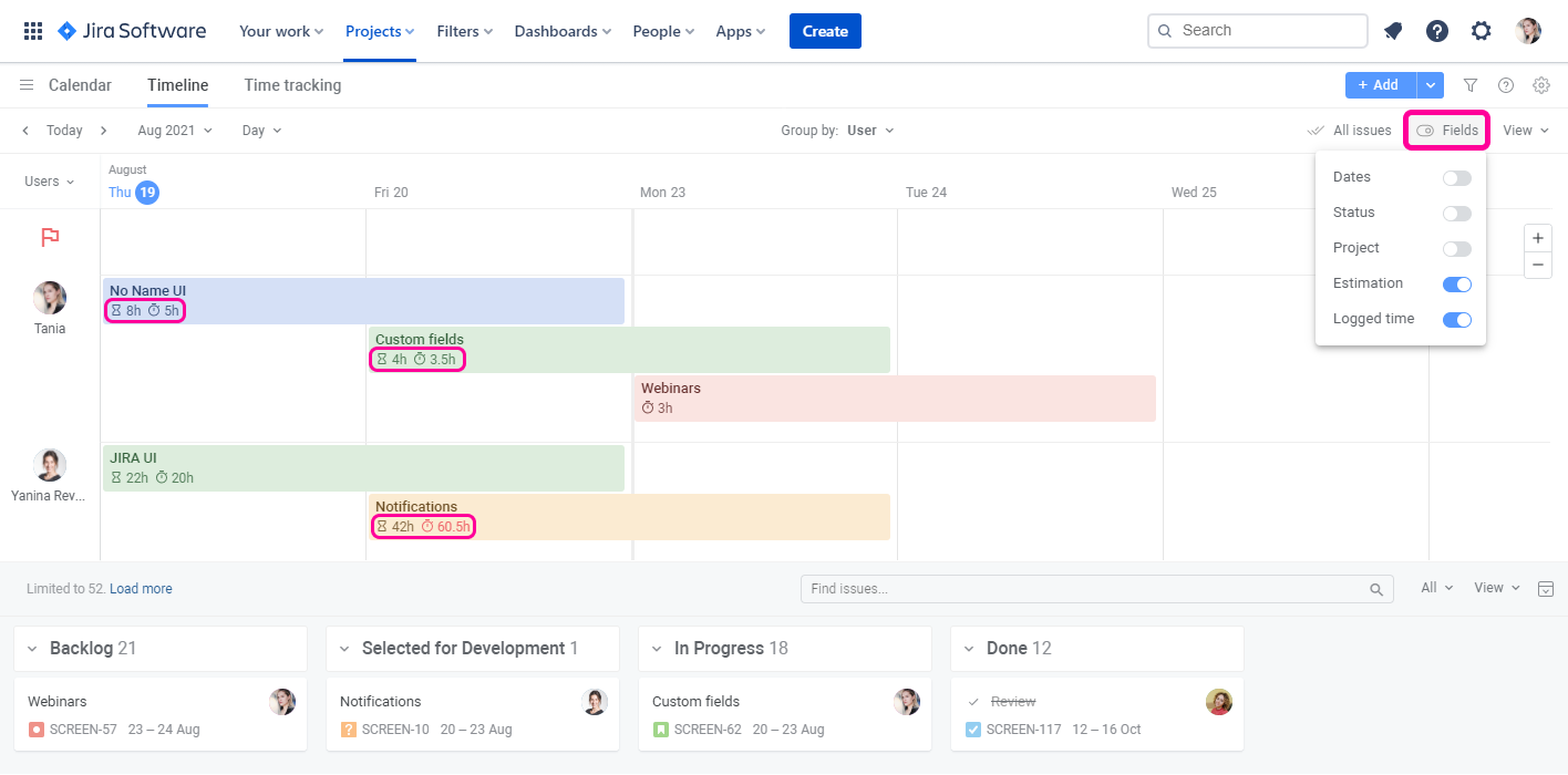 Planyway time tracking for Jira Fields