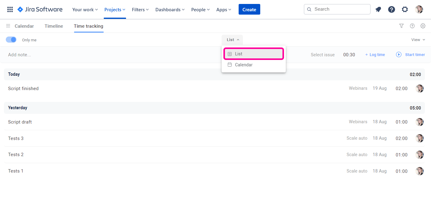 Planyway time tracking for Jira List View