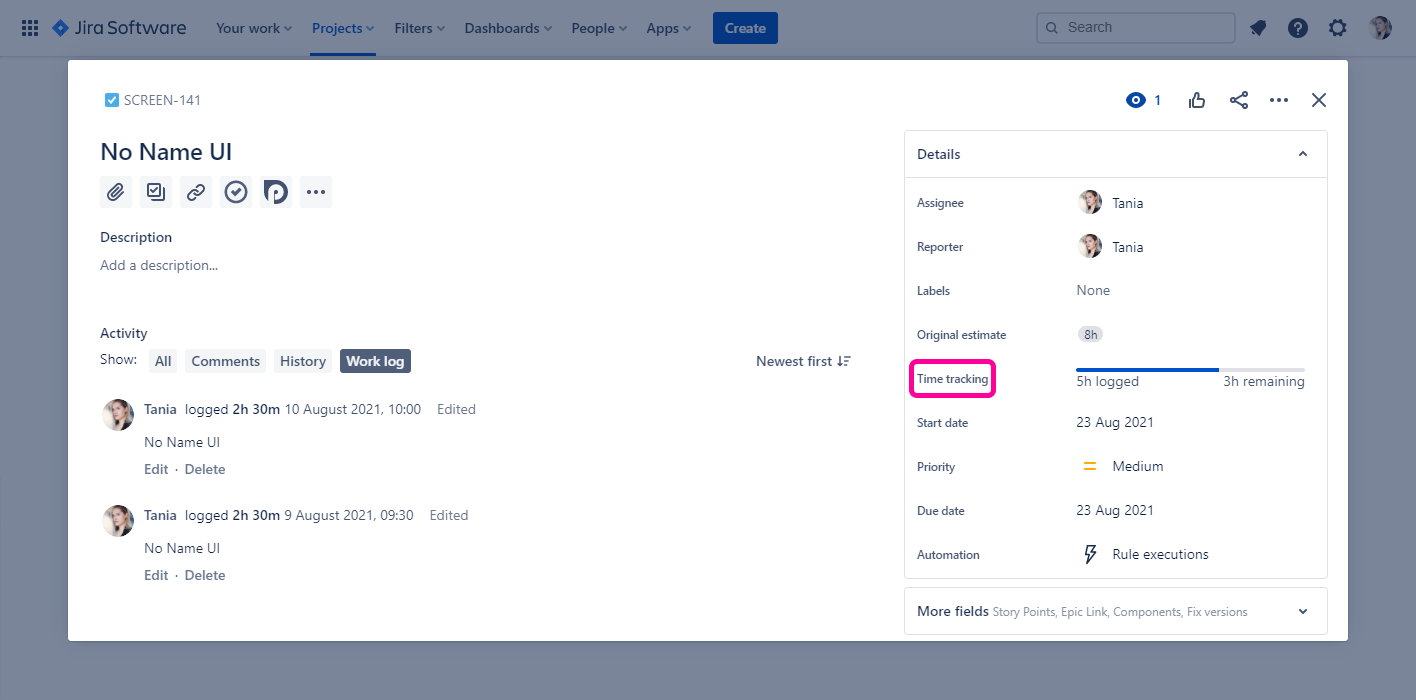 Planyway time tracking for Jira Issue Work Log