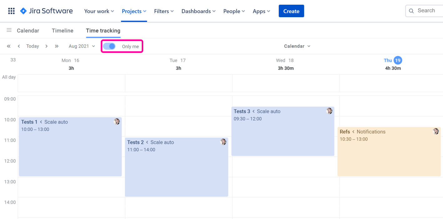Planyway time tracking for Jira Only Me filter