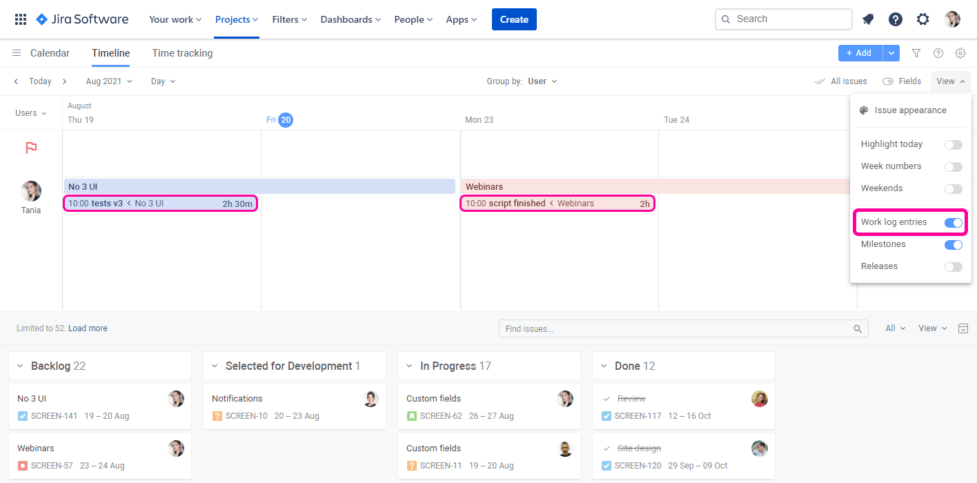 Planyway time tracking for Jira visualize entries