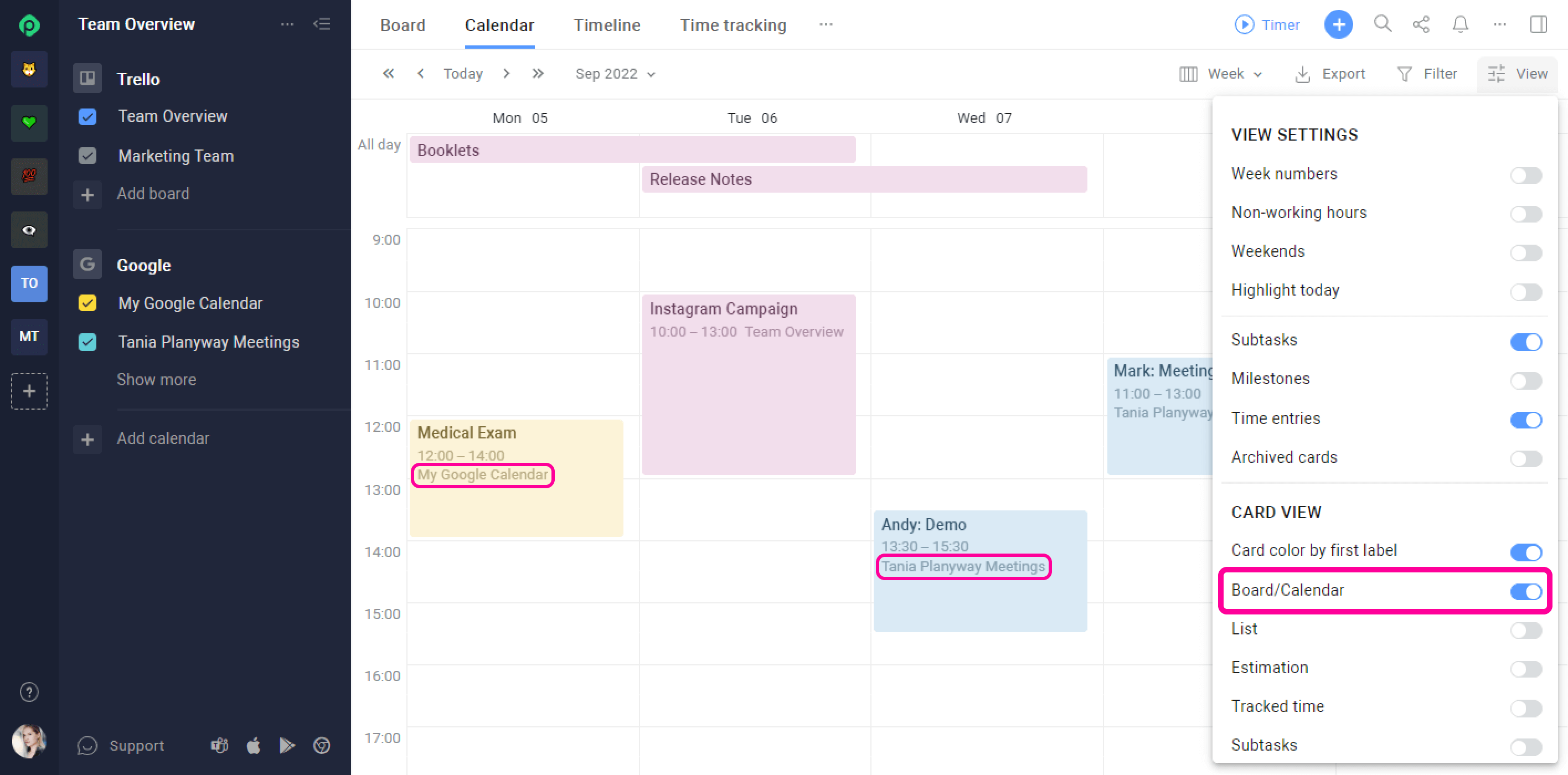 Planyway Google Calendar Integration Board Field