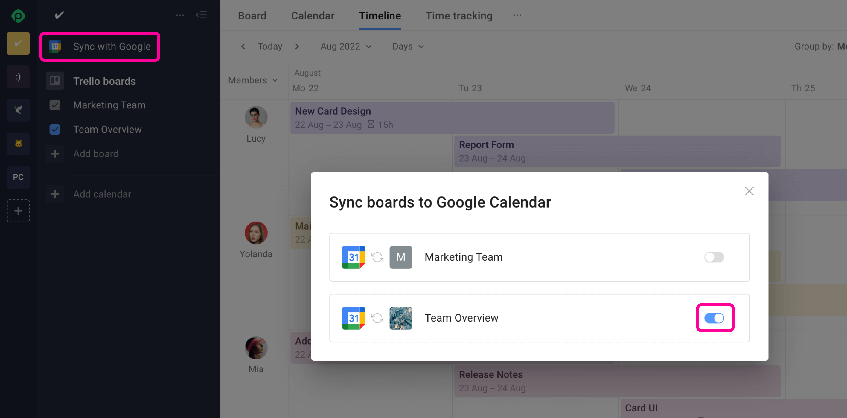 Planyway Google Calendar Integration Select Boards to Sync