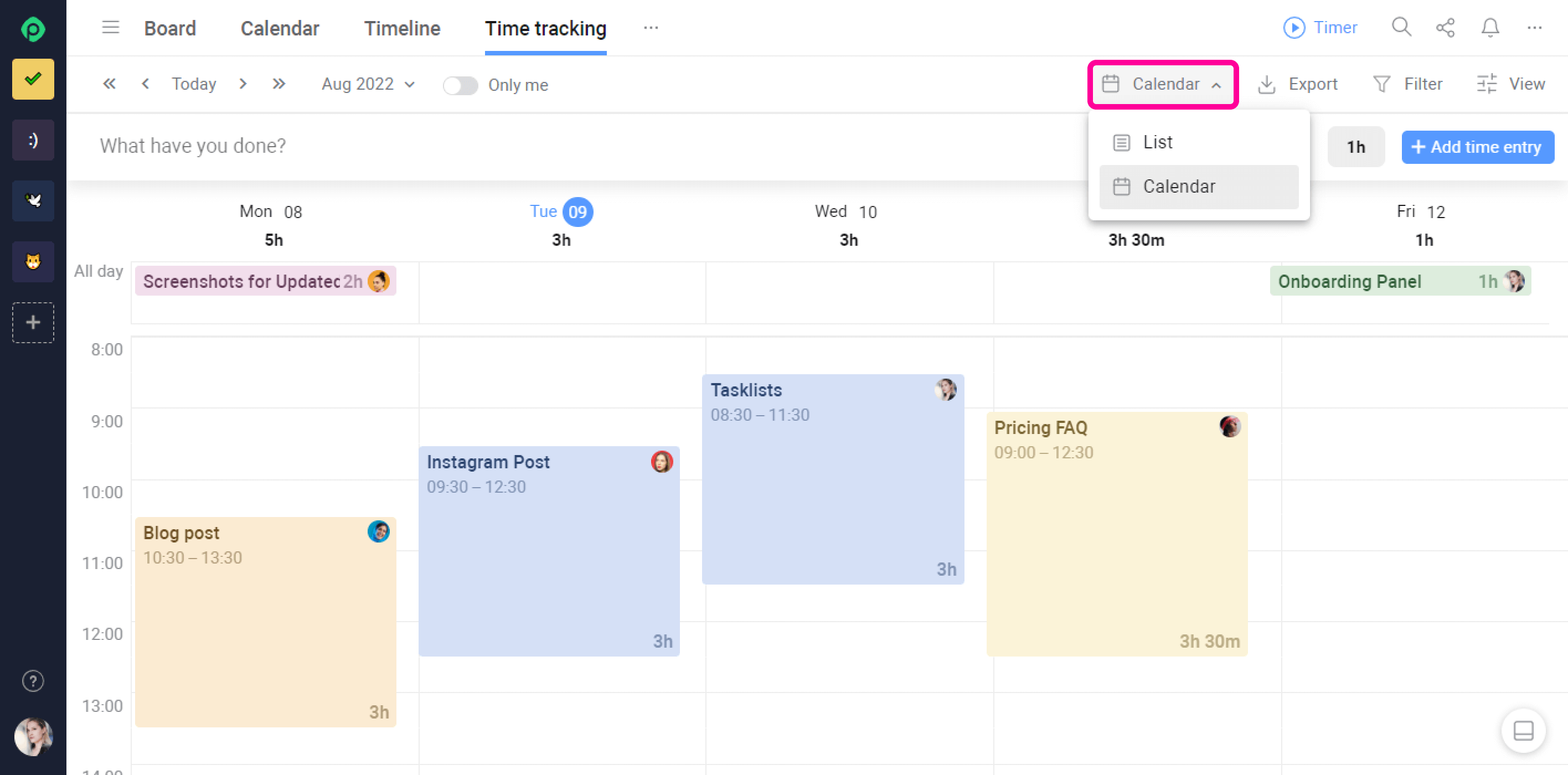 Planyway Time Tracking Calendar View