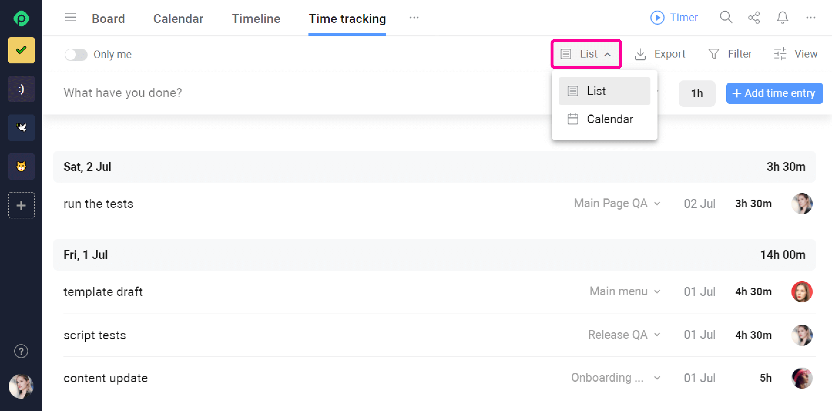 Planyway Time Tracking List View