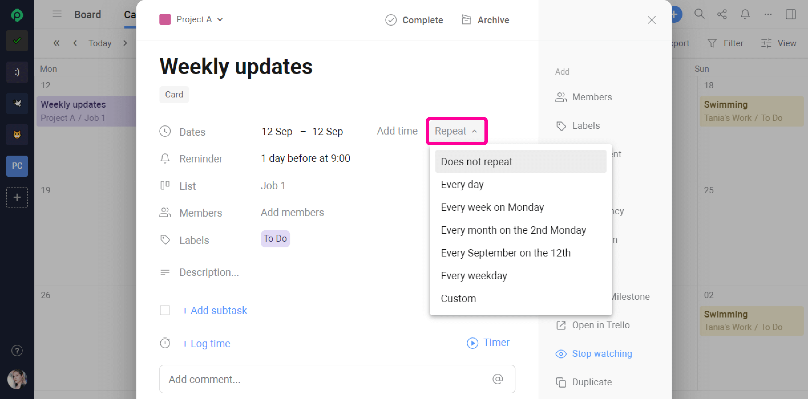 Recurring Tasks in Trello Repeat Section
