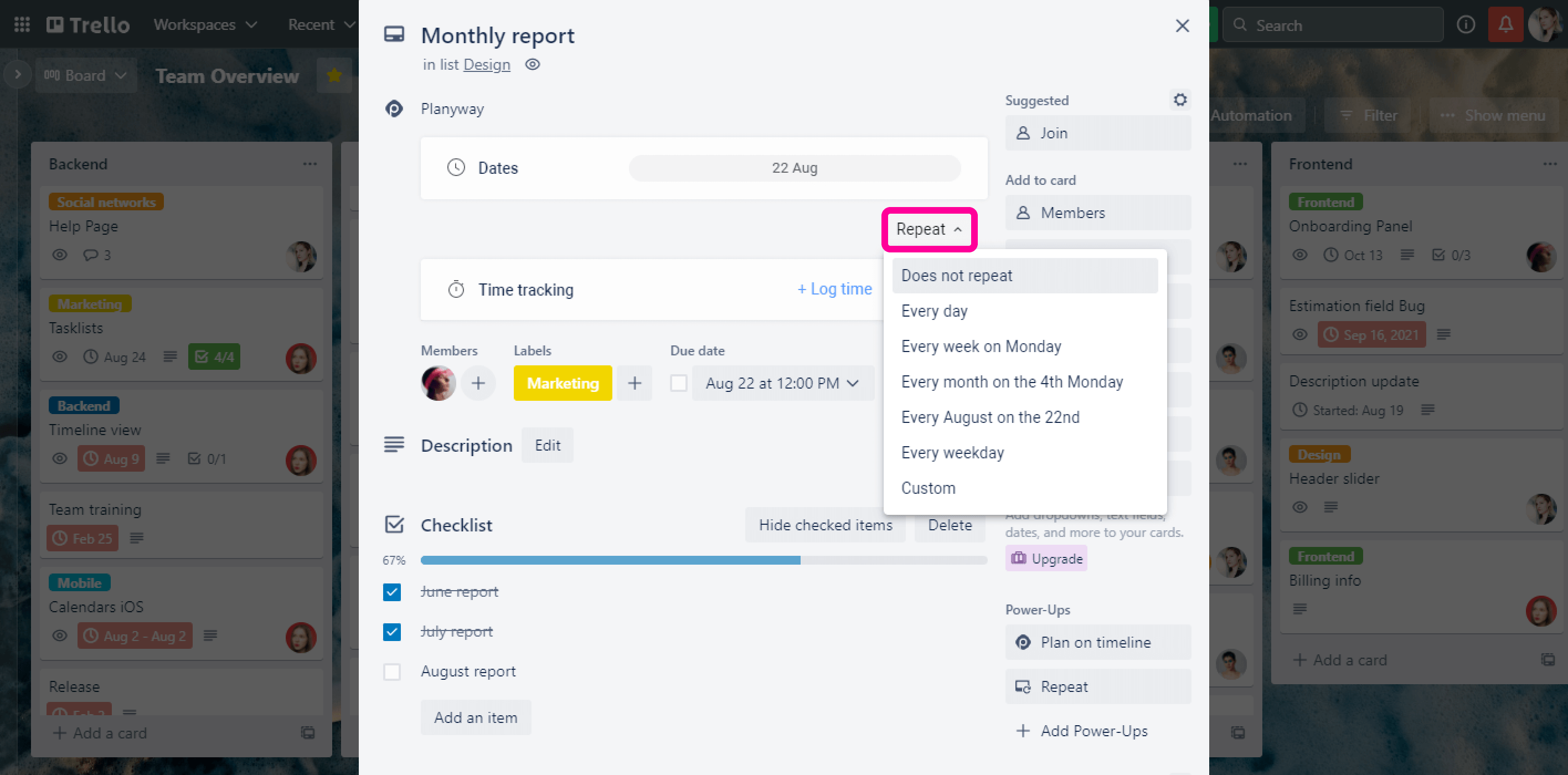 Recurring Tasks in Trello Card Editor