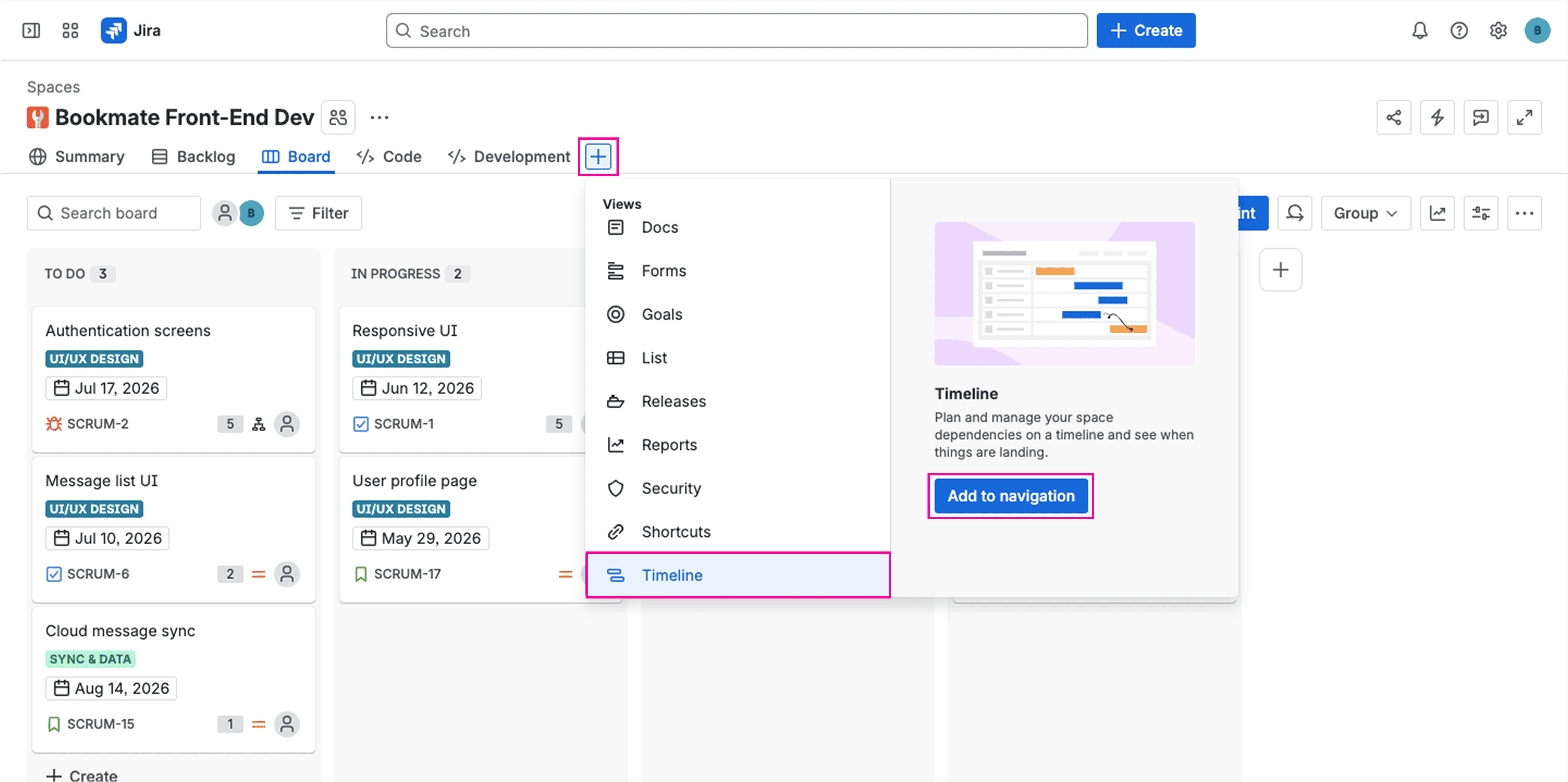 Adding the Timeline tab to a Jira project navigation menu.