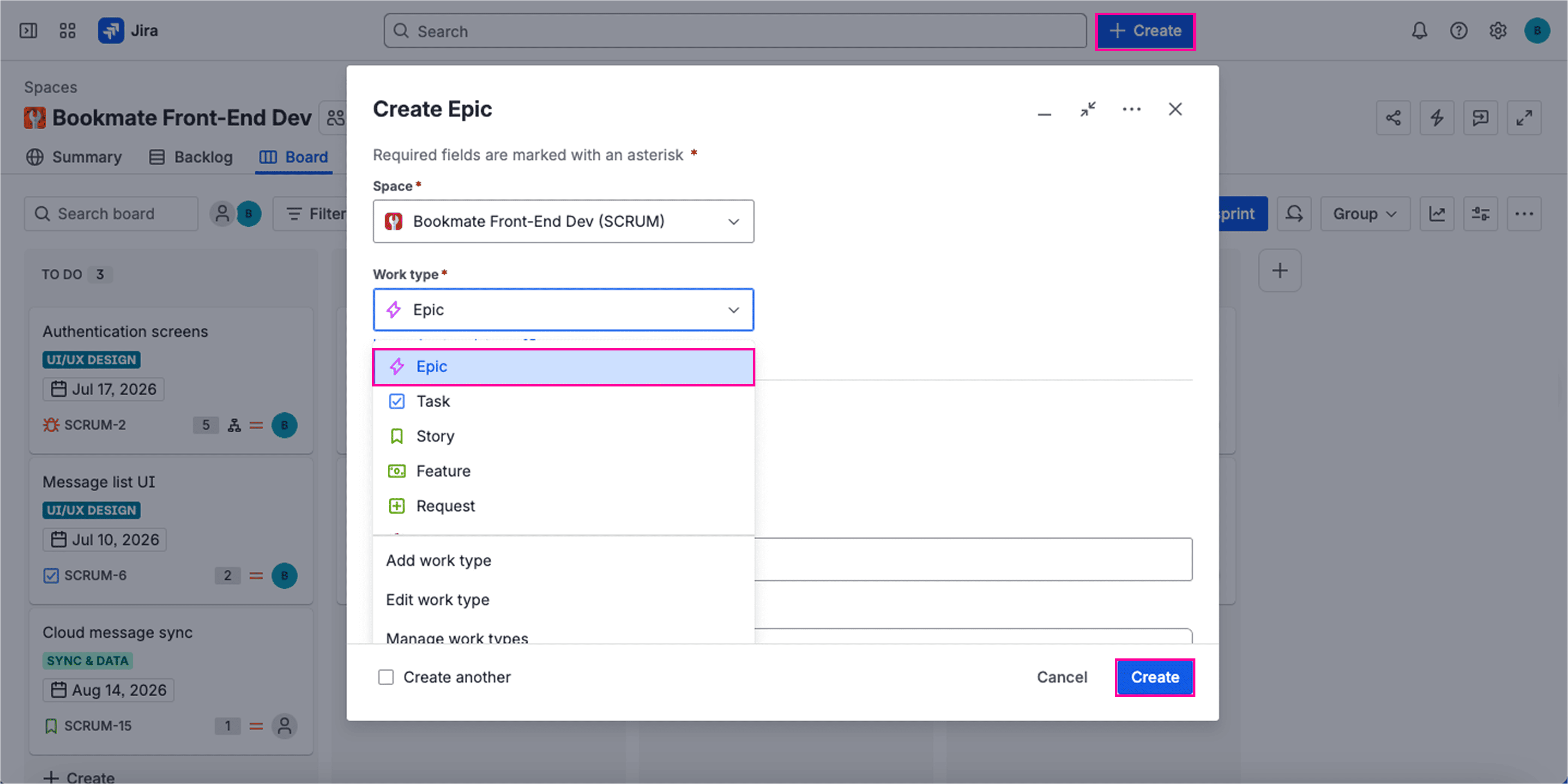 Jira issue details panel showing how to create an epic