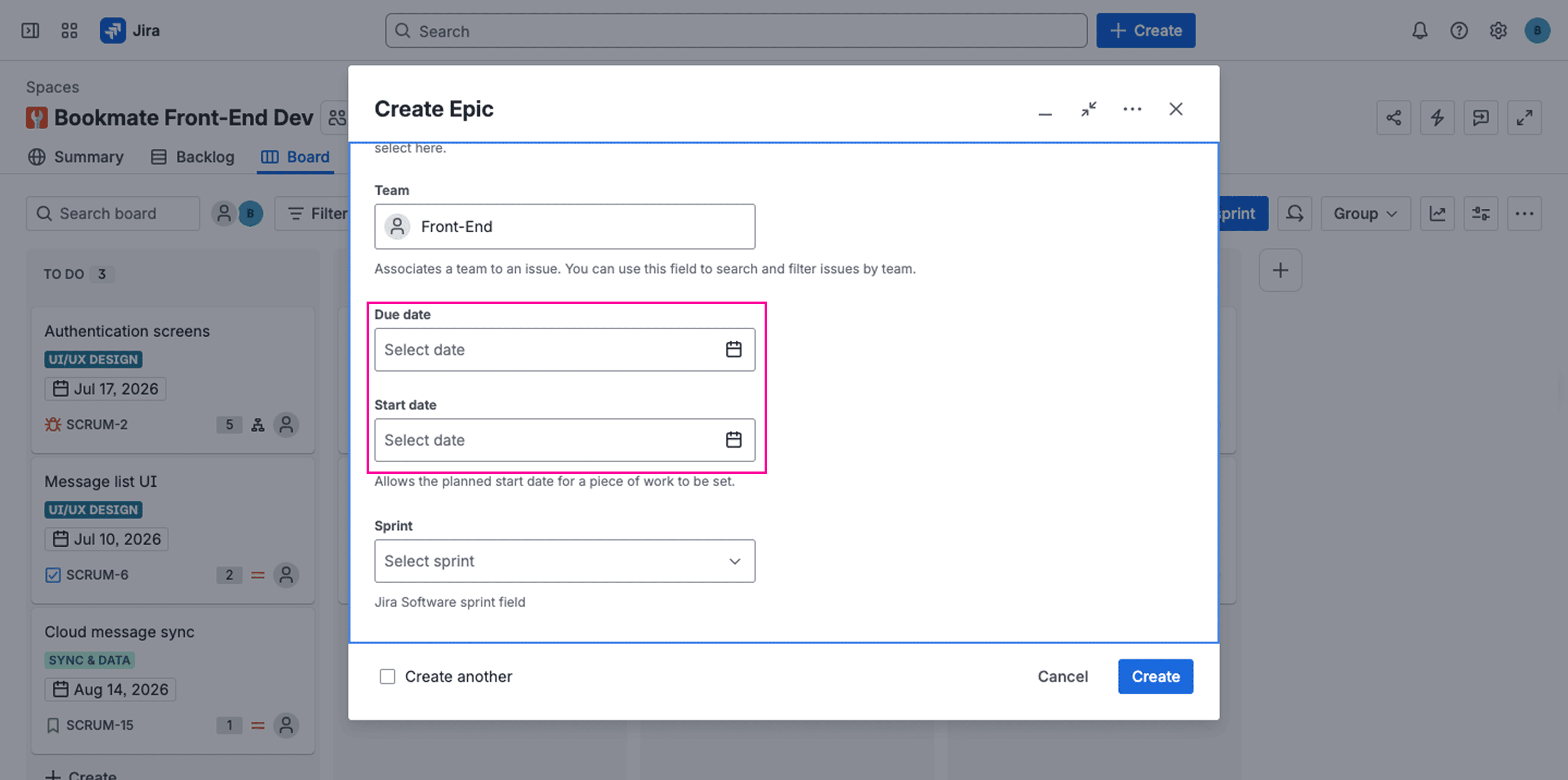 Jira issue details panel showing start date and due date