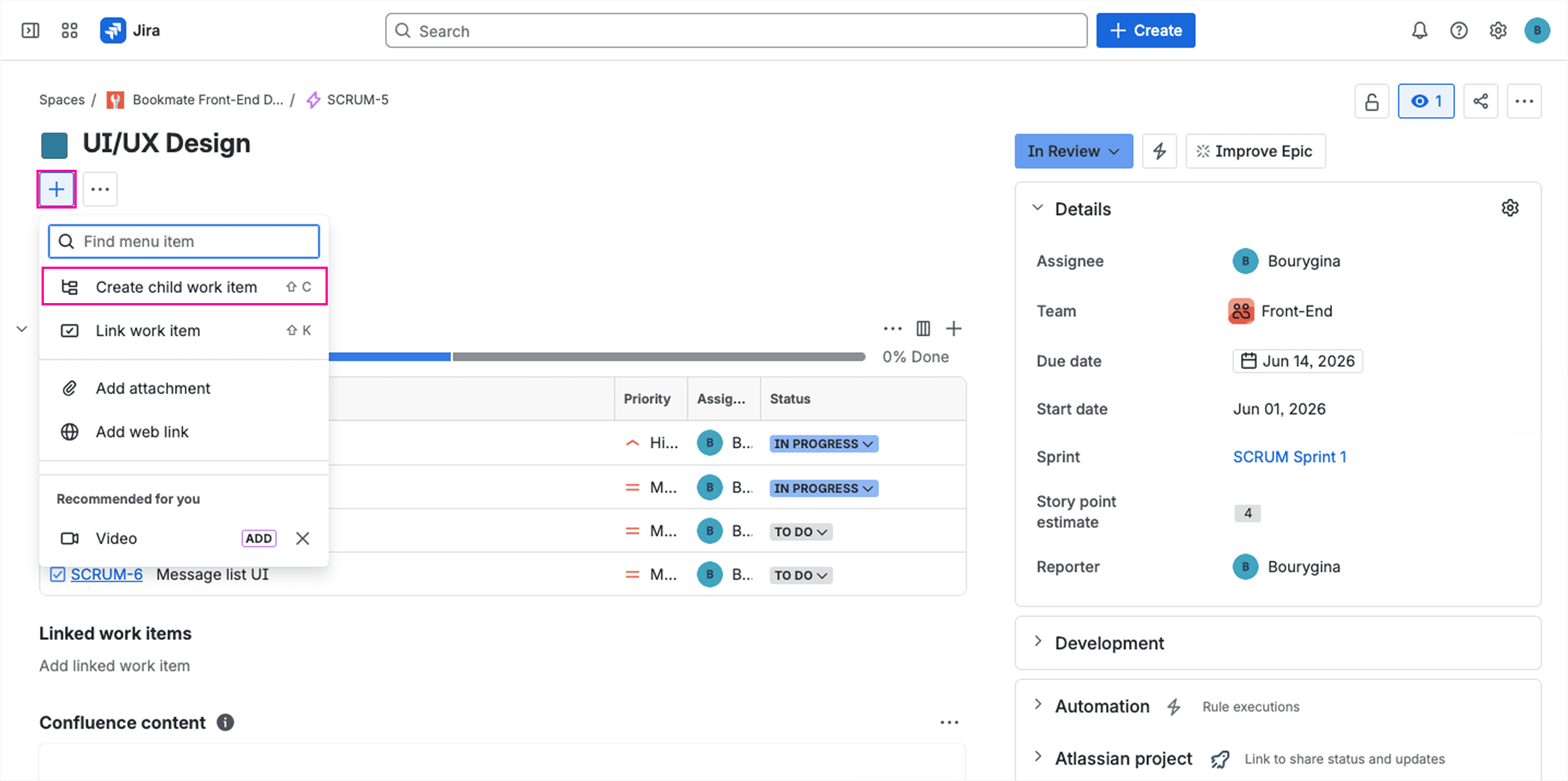 A list of Jira child issues showing how to create a new task or story