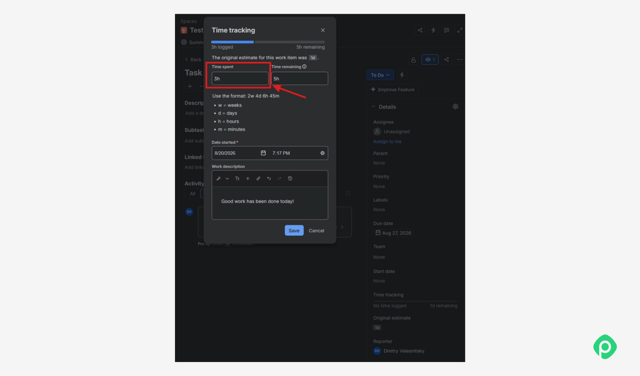 Entering time spent and work description in Jira task time tracking popup.
