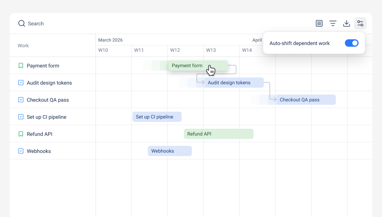 Automatically move dependent work