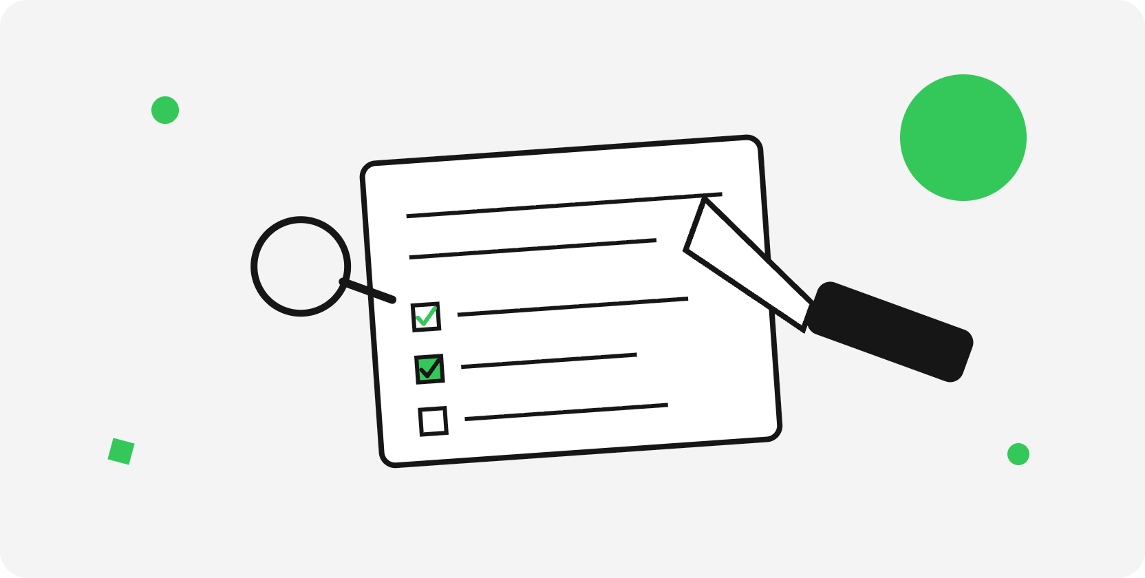 Illustration of a project scope document being reviewed with a magnifying glass and checklist items.