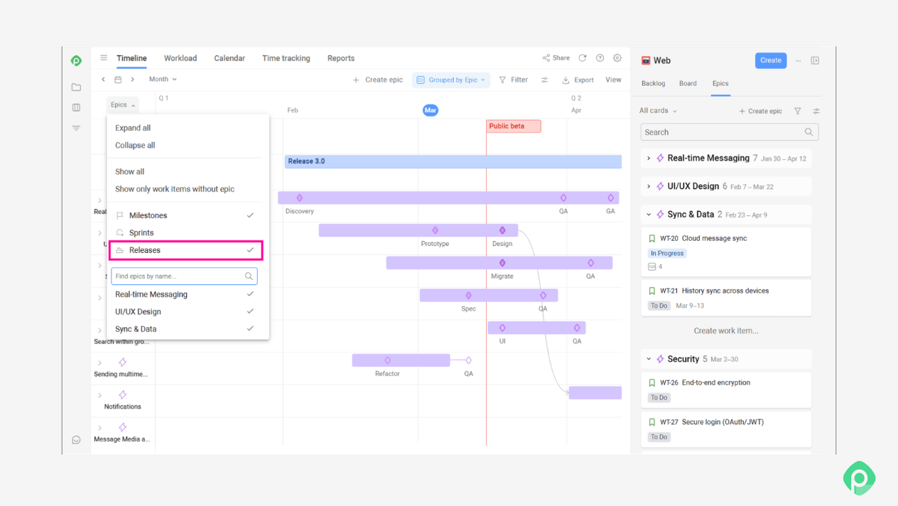 Project management dashboard timeline view displaying epics, milestones, and a highlighted releases filter menu.