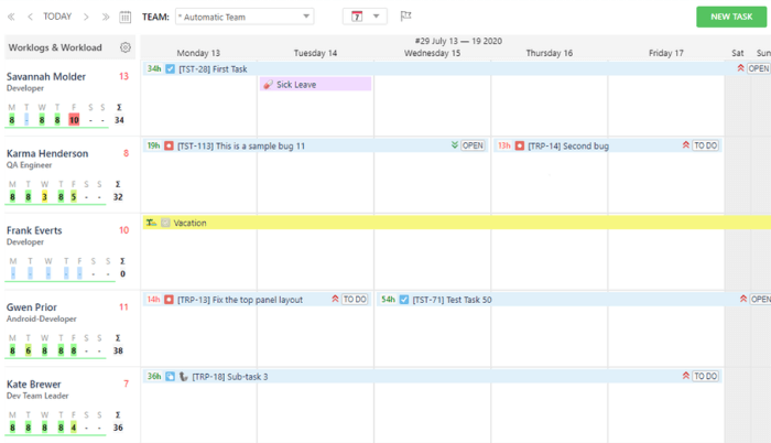 Team workload and timesheet calendar showing weekly scheduled tasks, logged hours, leave, and status indicators.