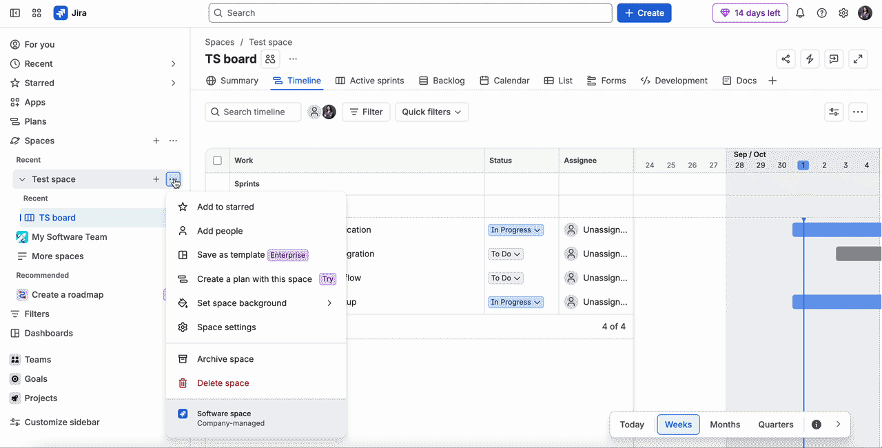 Jira dashboard sidebar displaying options to add people, save as template, change background, and access space settings