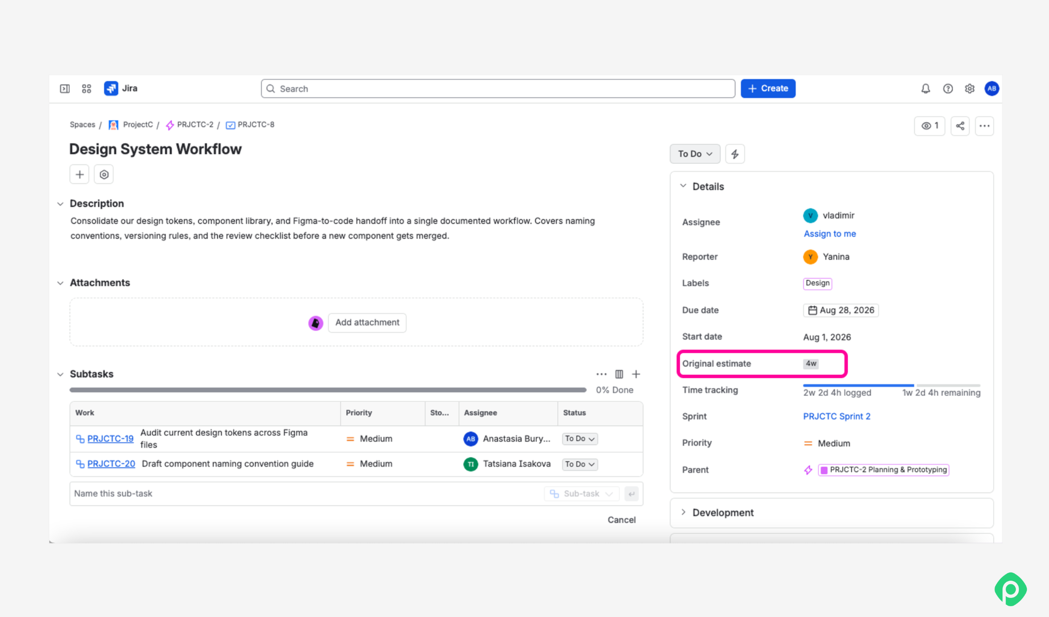 Jira issue details panel highlighting the original estimate field.