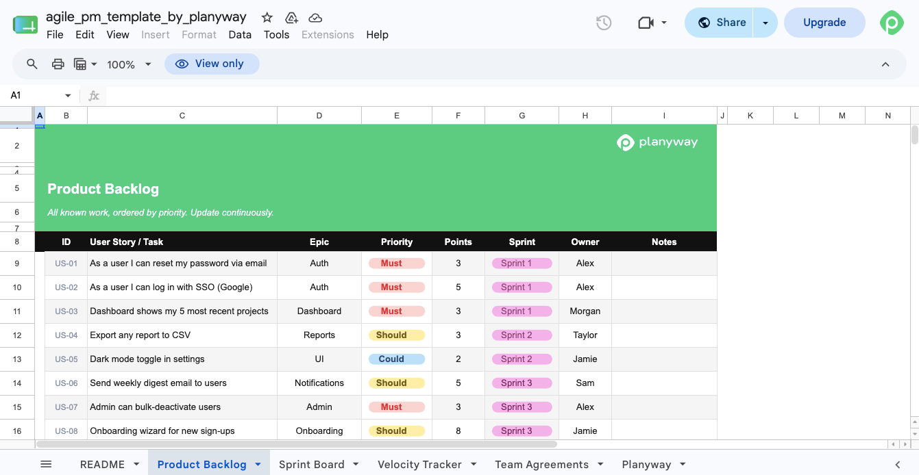 Agile project management template Excel is a product backlog with MoSCoW prioritisation