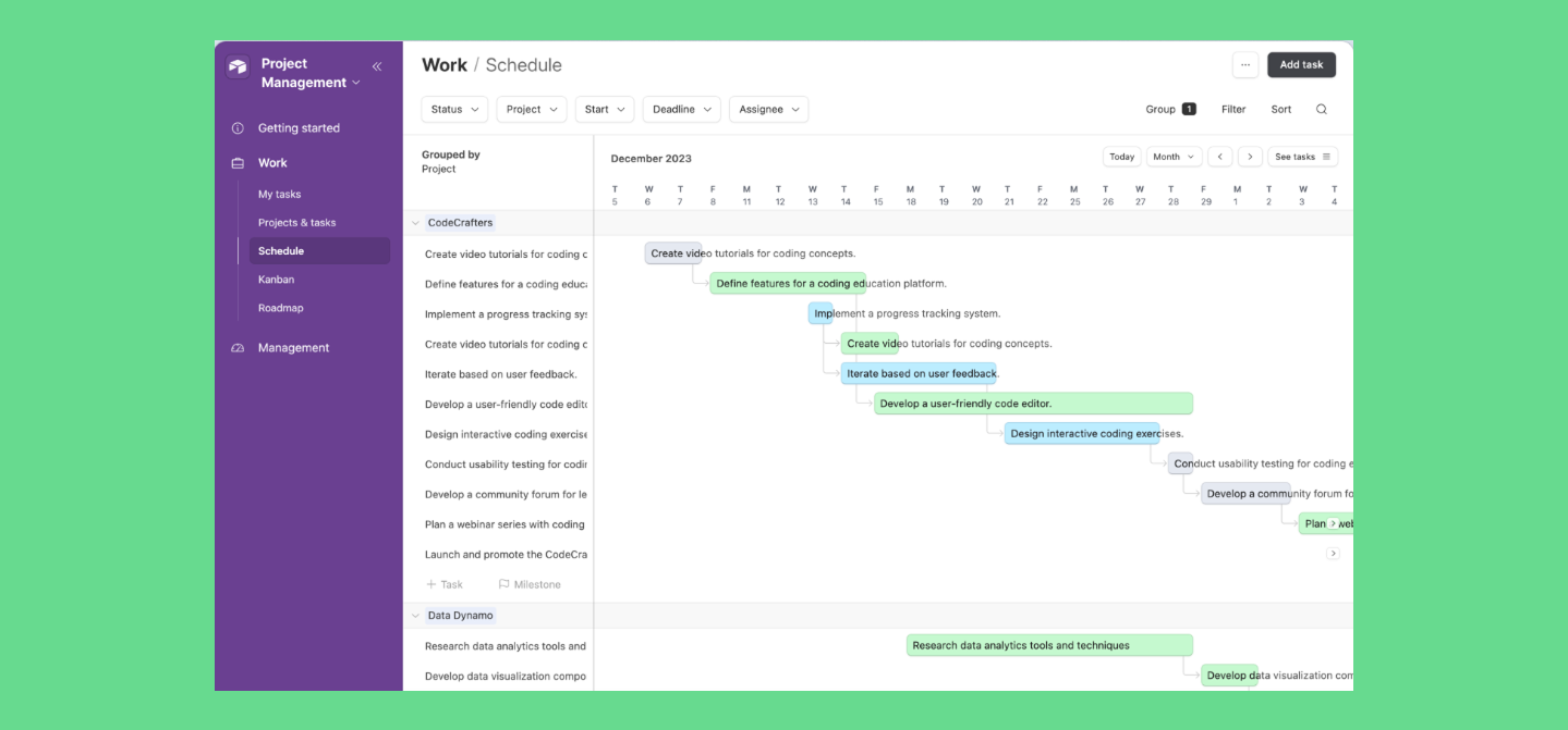 Project management schedule view with interconnected timeline dependencies