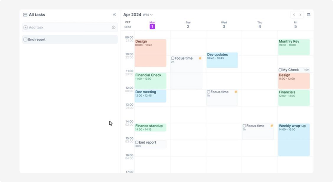 Akiflow weekly calendar and task management interface showing scheduled events and a sidebar for unassigned tasks.