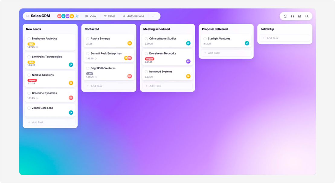 Any.do Sales CRM board view displaying tasks organized across customized pipeline columns from new leads to follow-up.