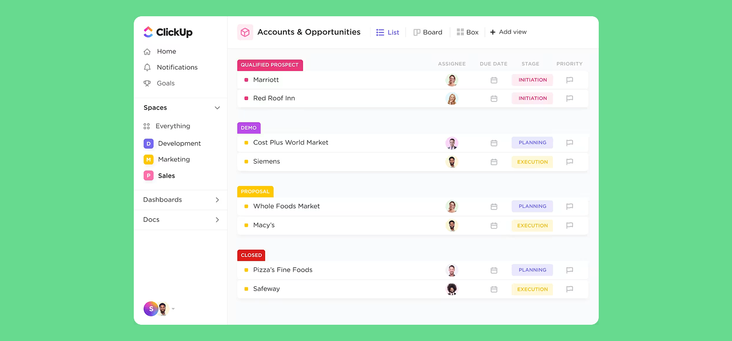 ClickUp sales pipeline view organized by deal stages and assignees