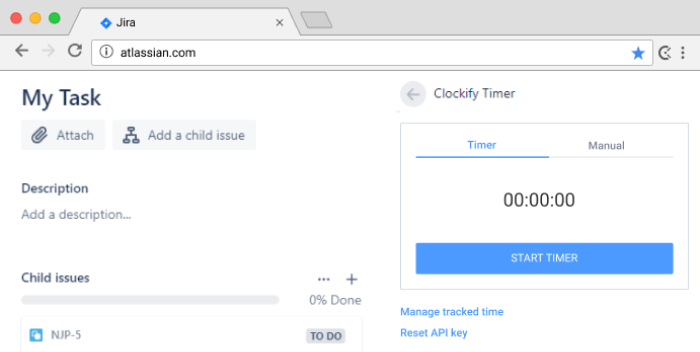 Jira task view featuring a browser extension sidebar with a Clockify timer widget set to zero.