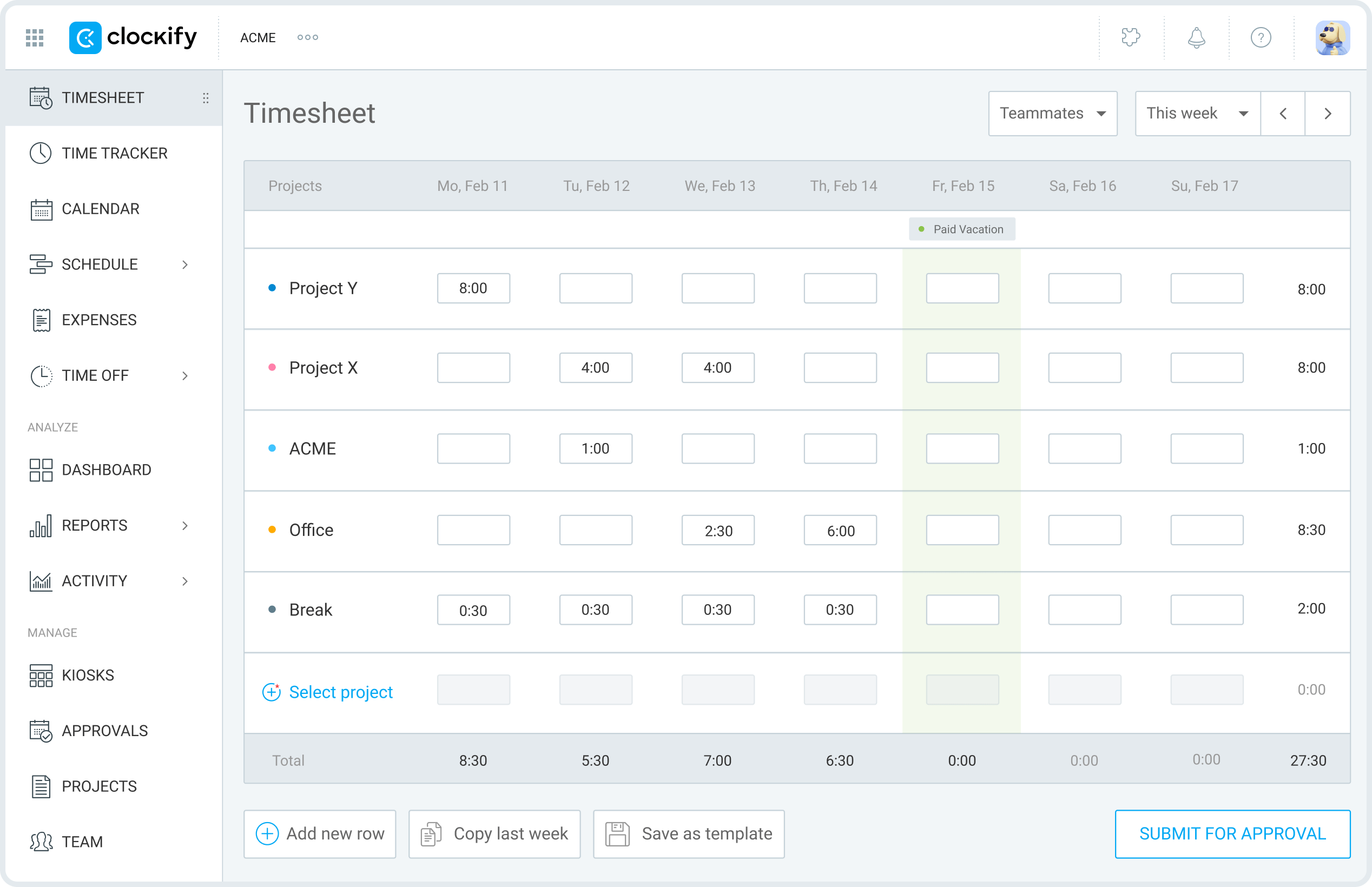 Clockify timesheet interface displaying weekly project hours and time tracking entries.