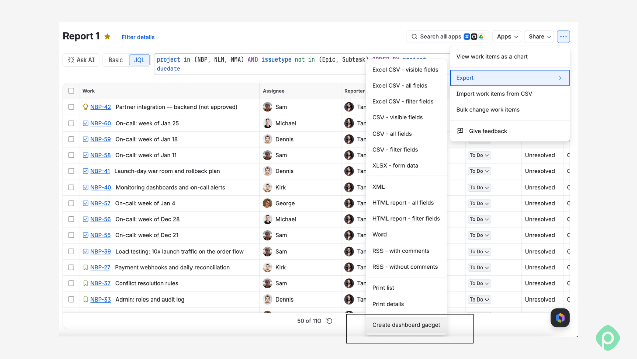 Jira issue search table displaying dropdown export menu options including CSV, Excel, XML, and dashboard gadget creation.