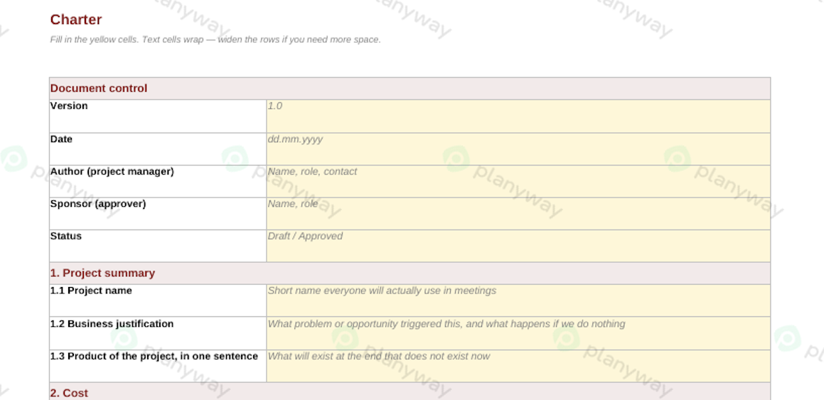 Detailed project charter template outlining document control, project summary, cost constraints, and manager authority.