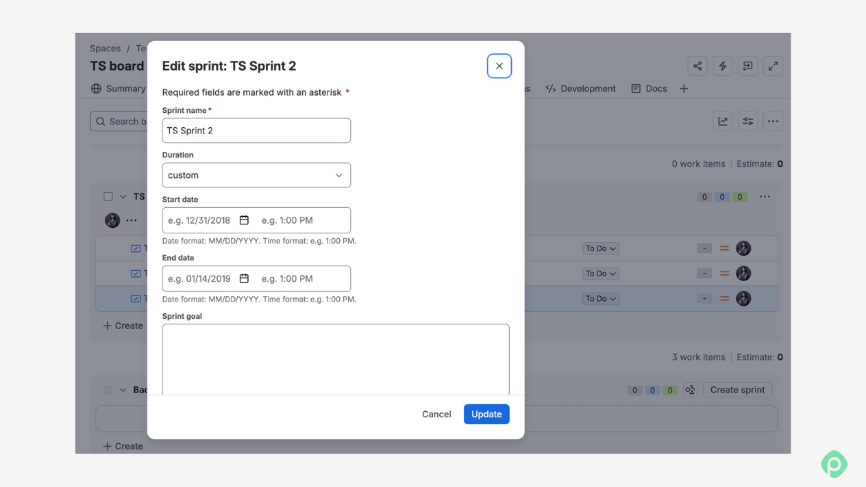 Edit sprint configuration modal in Planyway for Jira, allowing custom date ranges, sprint names, and goals.