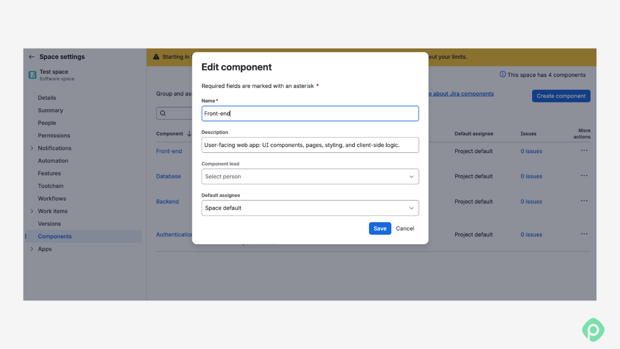 Edit component modal window in Jira space settings with fields for name, description, component lead, and default assignee.