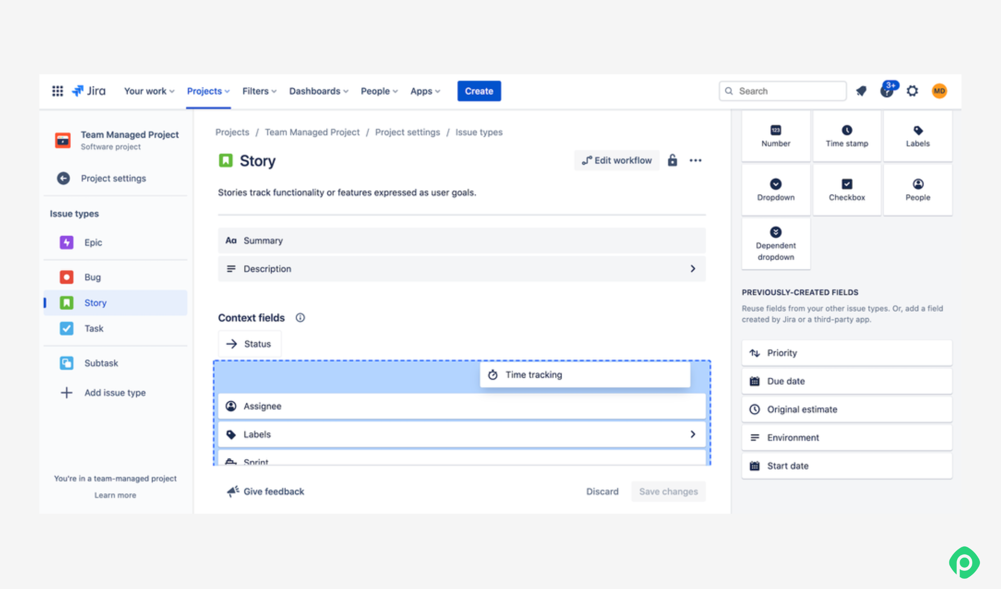 Jira team-managed project configuration screen showing issue type fields being dragged and customized.