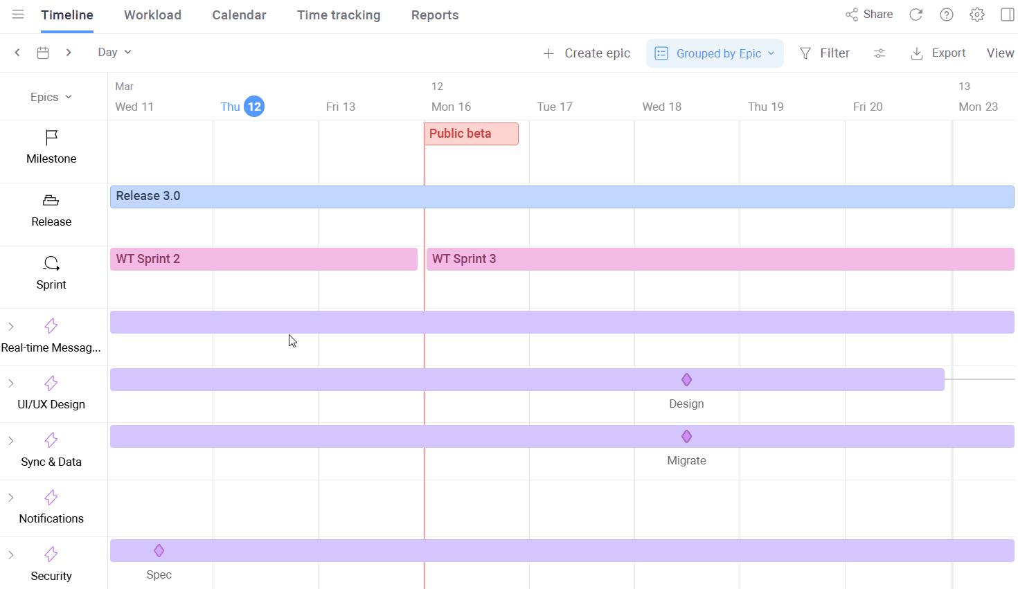 Animated GIF of Planyway for Jira timeline highlighting interactive epic and milestone editing for project schedule management.
