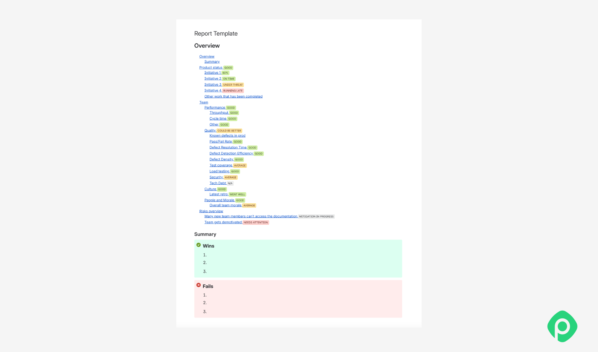 Project status report template overview with metrics, product status indicators, team performance, quality metrics, risks, and wins/fails summary.