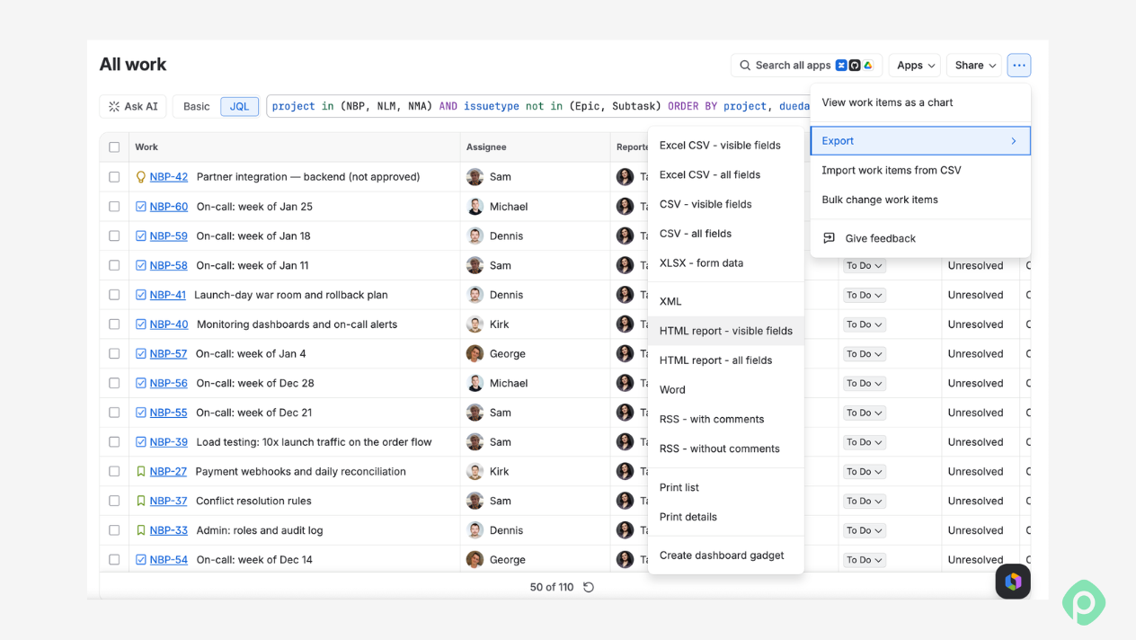 Jira All Work view with JQL filter showing dropdown menu options to export work items to Excel, CSV, XML, and Word.