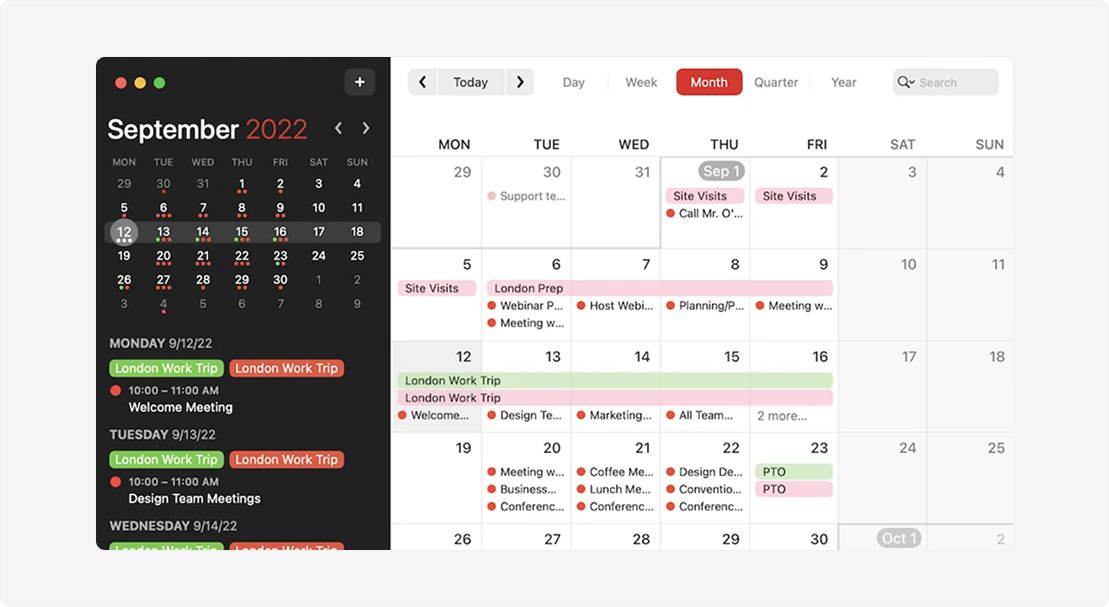 Fantastical calendar app dashboard showing a monthly grid view alongside a detailed daily task and event sidebar.