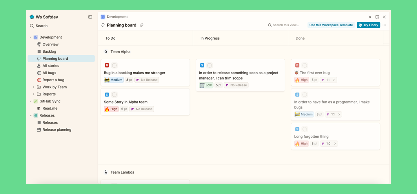 Fibery team planning board with task cards organized by workflow stages