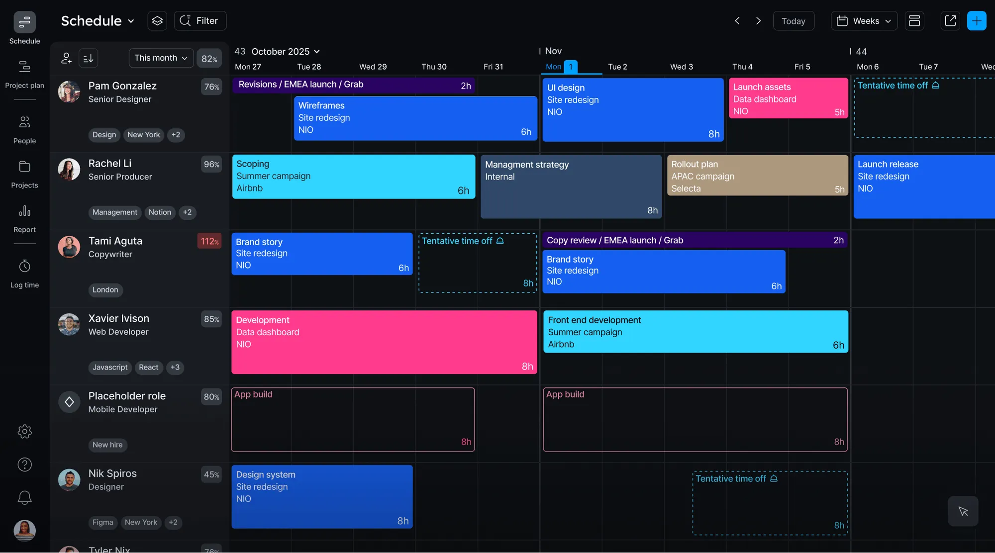 Team schedule calendar in dark mode displaying designer and developer work hours, task distribution, and capacity percentages.