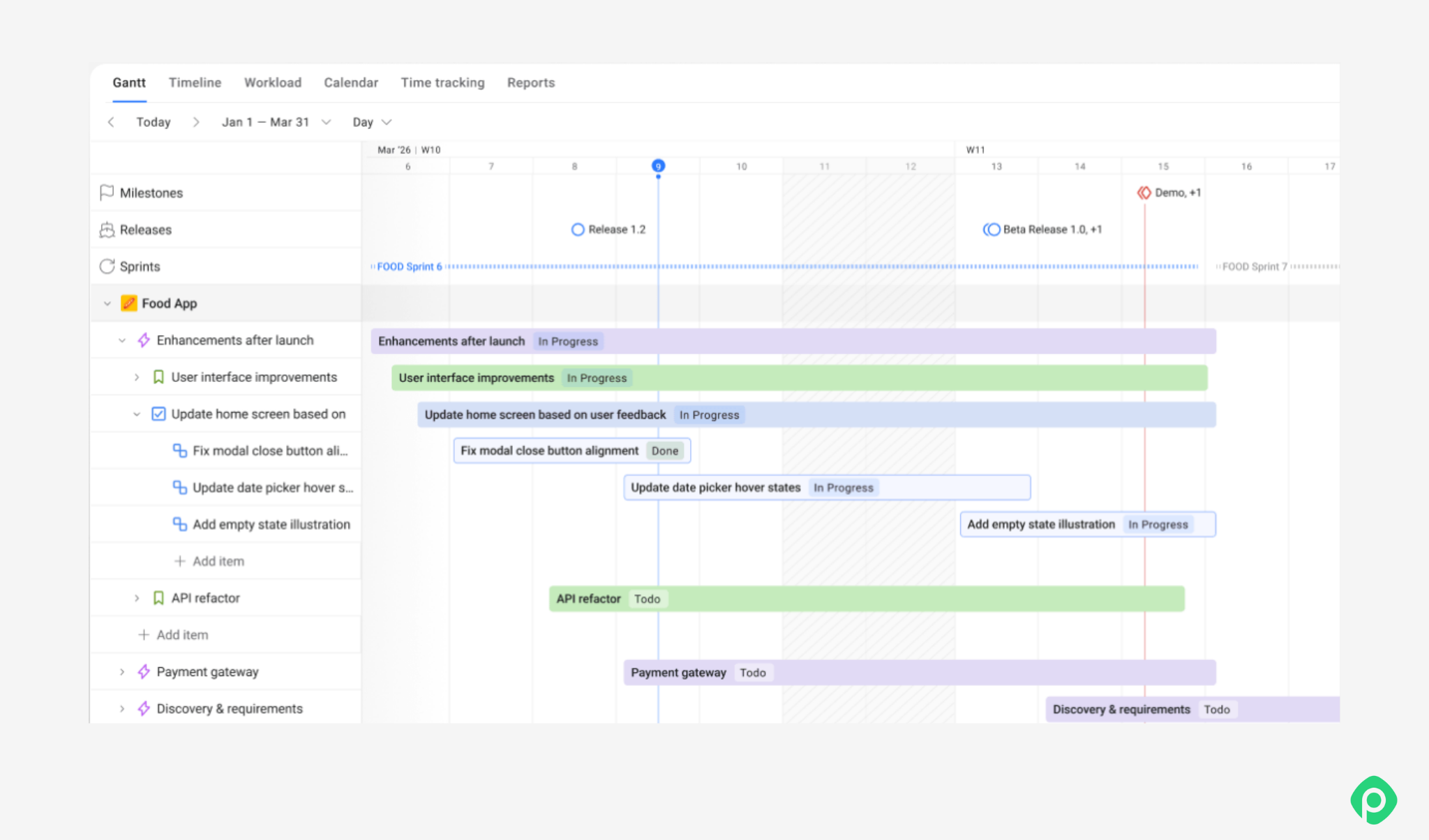 Online Gantt chart template and project scheduling tool displaying task breakdowns, sprints, and milestones.