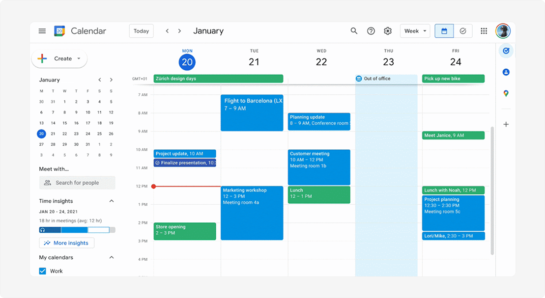 Google Calendar weekly schedule interface highlighting timed meetings, tasks, and side panel integrations.