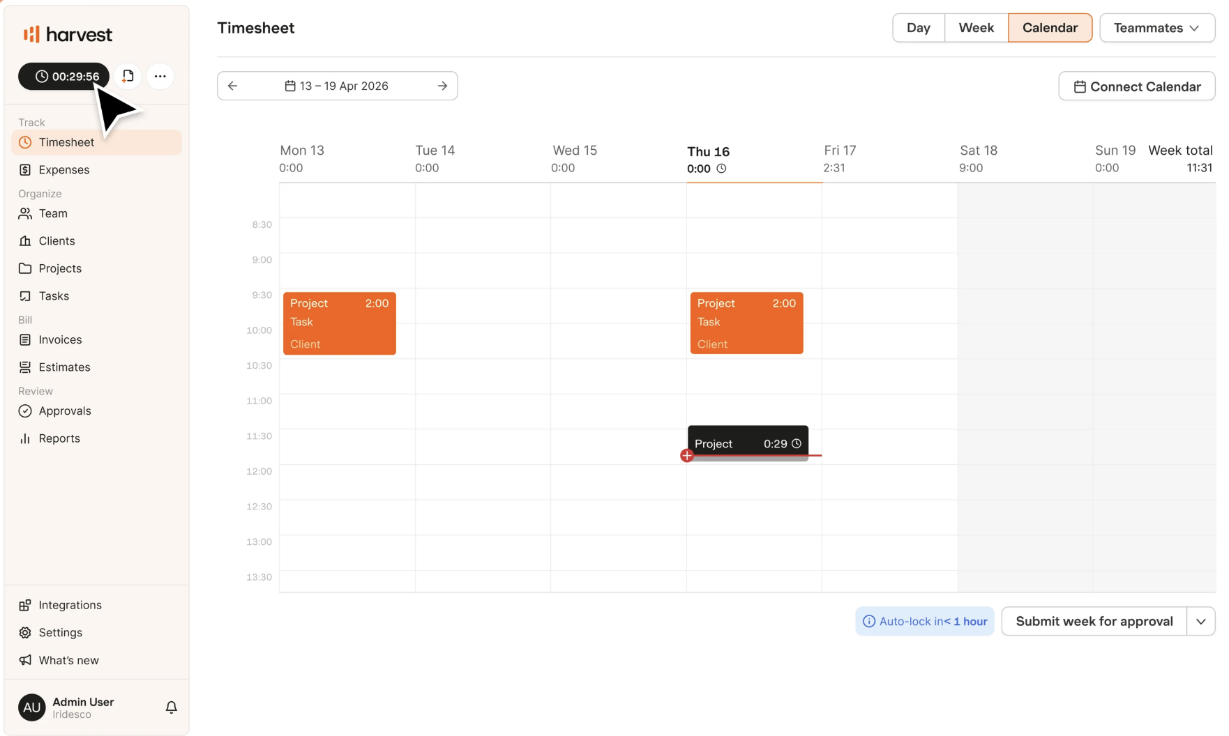 Harvest calendar timesheet view displaying active project tracking and weekly totals.